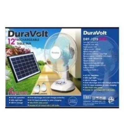 Duravolt .Duravolt 12" solar rechargeable fan+bulbs+panel